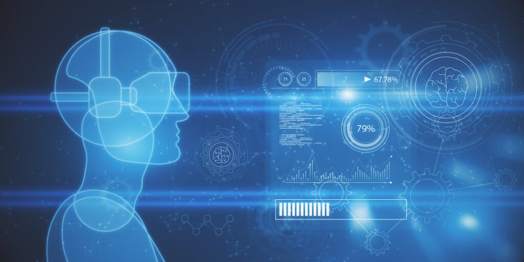 Abstract blue guy or robot outline with VR glasses on blurry bokeh background with charts and various icons Virtual reality future and metaverse concept 3D Rendering - NFT News Today