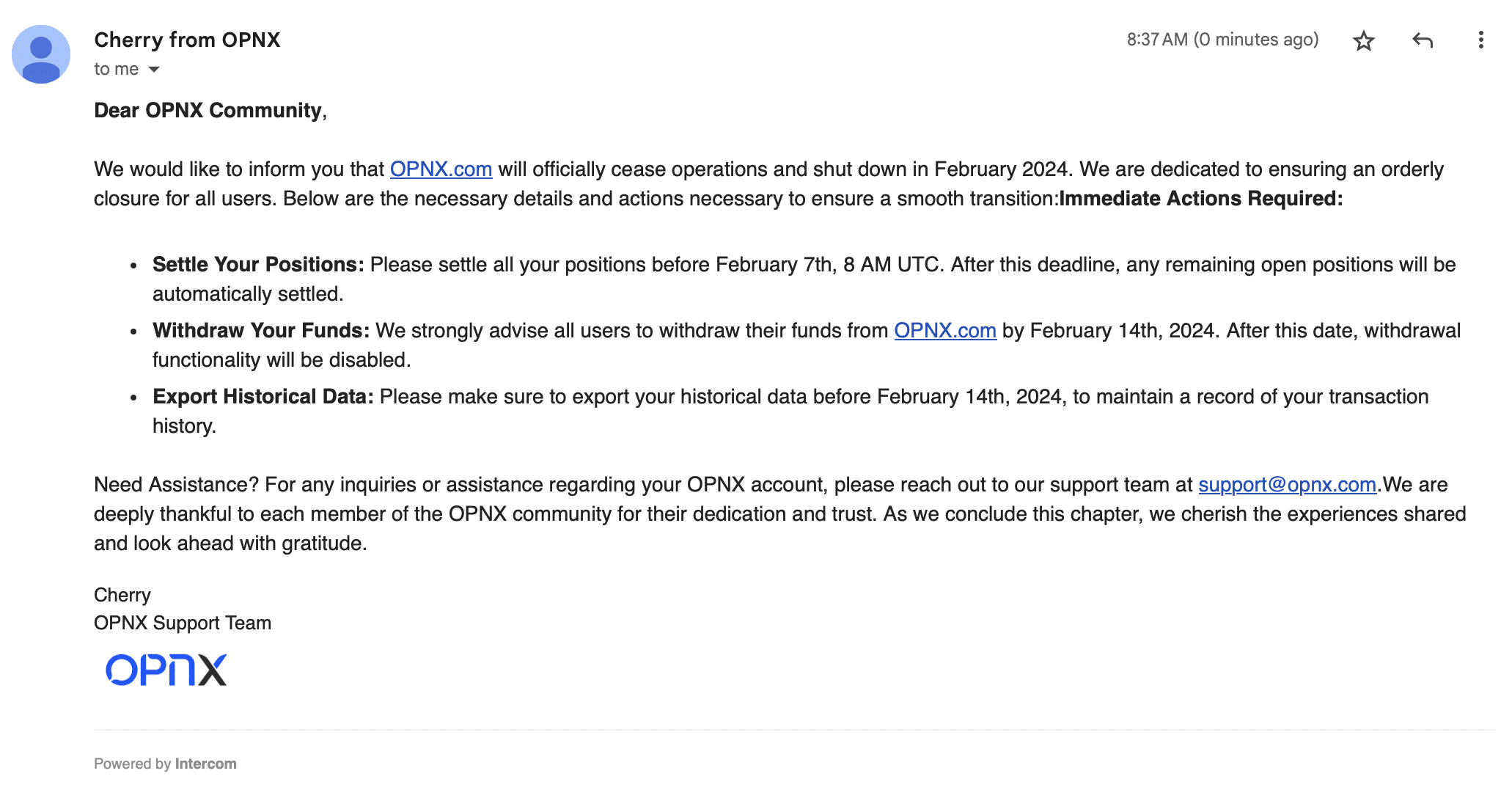 Email para clientes anunciando o encerramento do OPNX.