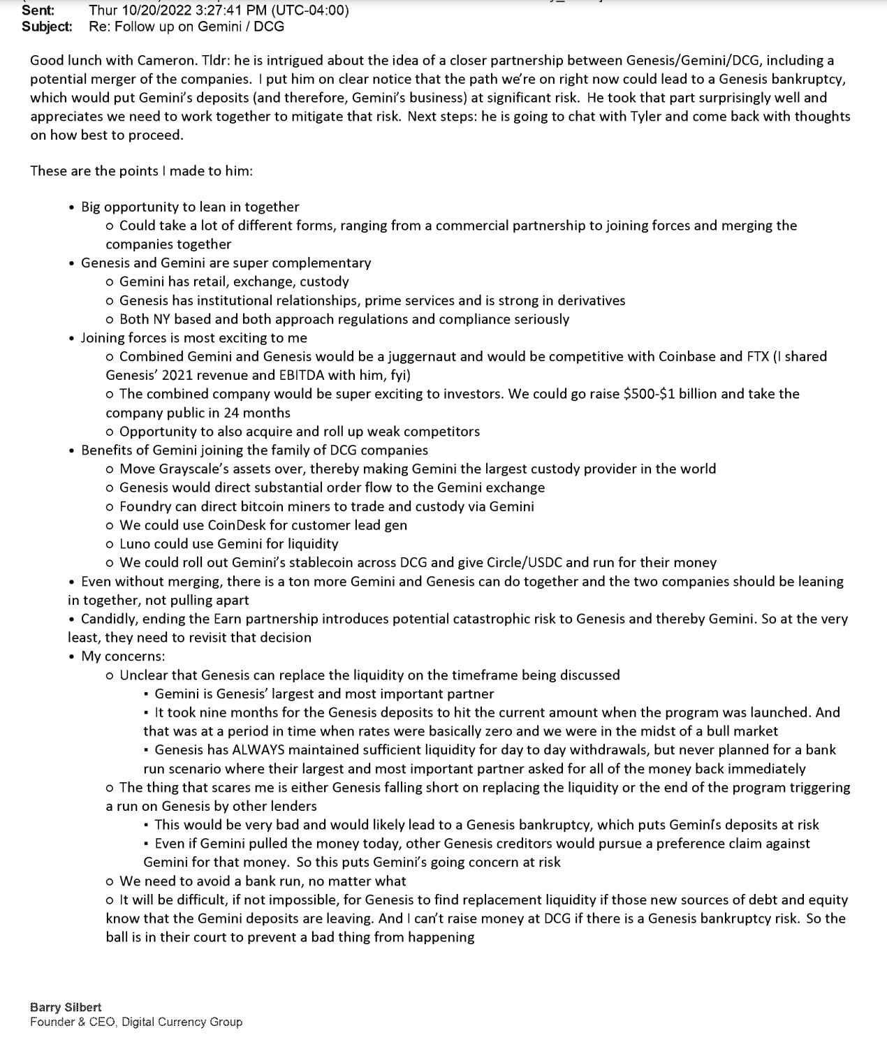 Um e-mail de Barry Silbert do DCG protocolado na Suprema Corte do Estado de Nova York enviado em outubro de 2022.