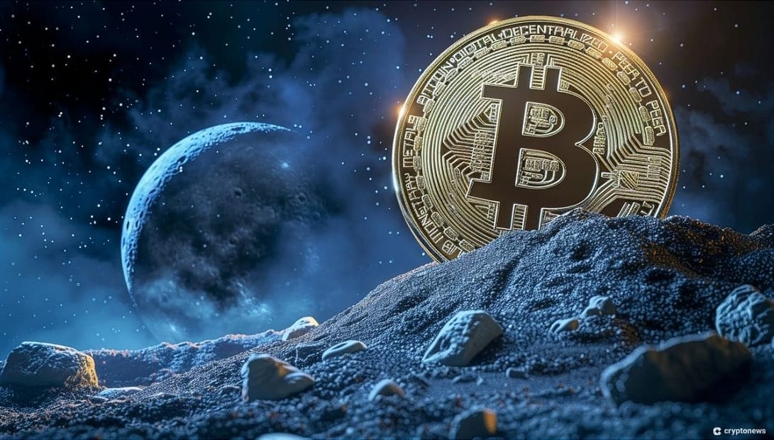 Bitcoin na Lua, terra distante ao fundo