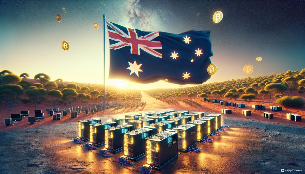 Grande bandeira australiana balançando ao vento. Em primeiro plano estão caixas de metal espalhadas transbordando de criptomoedas douradas. Esta imagem pode representar o crescimento da indústria de criptografia australiana ou os riscos potenciais envolvidos.