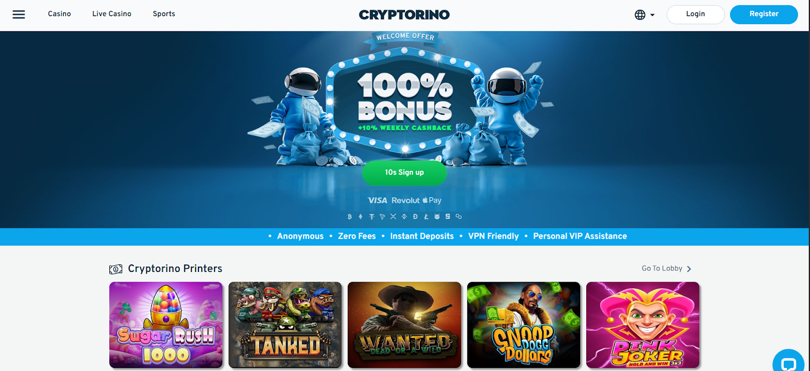 Cryptorino – Best for Big Promotions and a Large, Crypto-Friendly Game Library