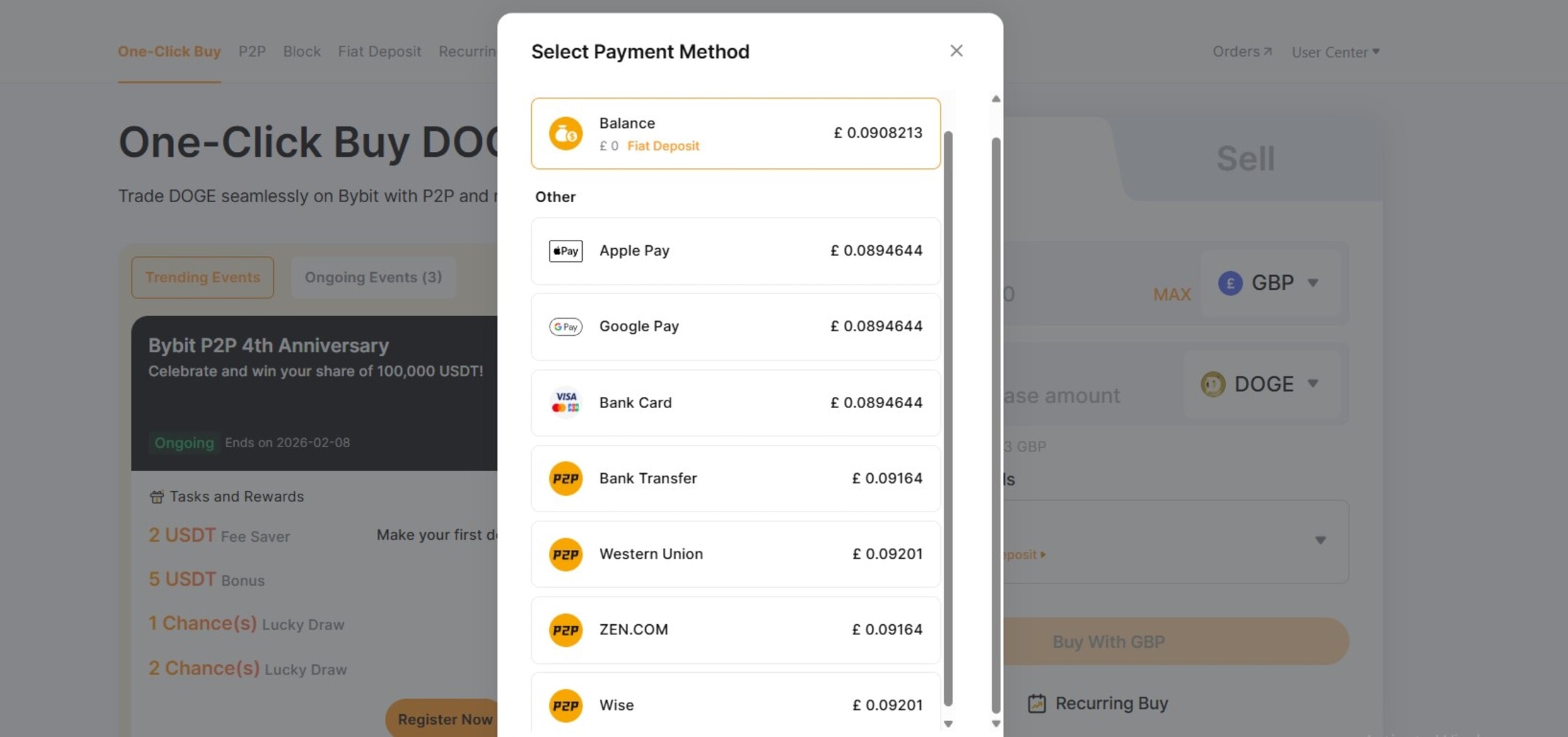 Selecione um método de pagamento para comprar DOGE