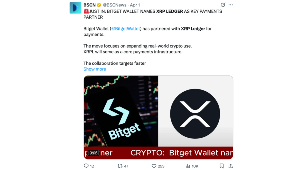 Bitget Wallet nomeia XRP Ledger como principal parceiro de pagamentos