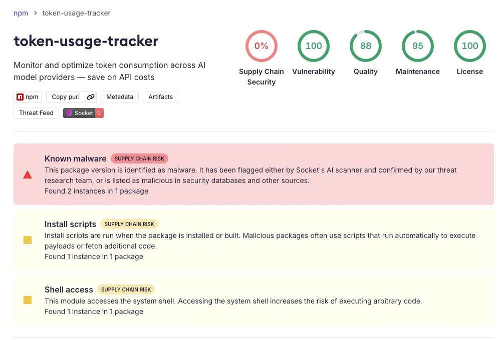 Token-usage-tracker marcado como malware conhecido pelo Socket