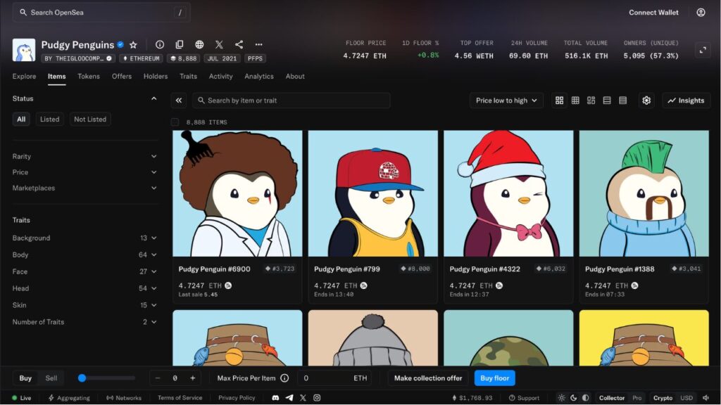 A coleção NFT de 8.888 peças da Pudgy Penguins tem um preço mínimo de 4,54 ETH e 5.100 suportes exclusivos (Fonte: OpenSea)
