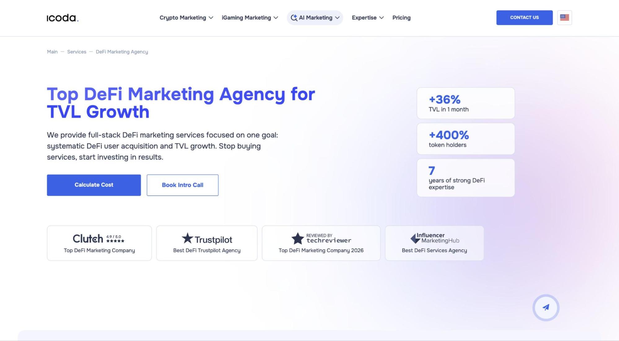 Página inicial da agência de marketing ICODA DeFi mostrando o título da Melhor Agência de Marketing DeFi para TVL Growth com +36% TVL em 1 mês, +400% de detentores de tokens e 7 anos de métricas de experiência em DeFi.
