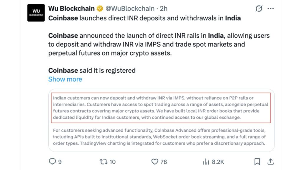 Coinbase lança trilhos diretos de depósito e retirada de INR na Índia