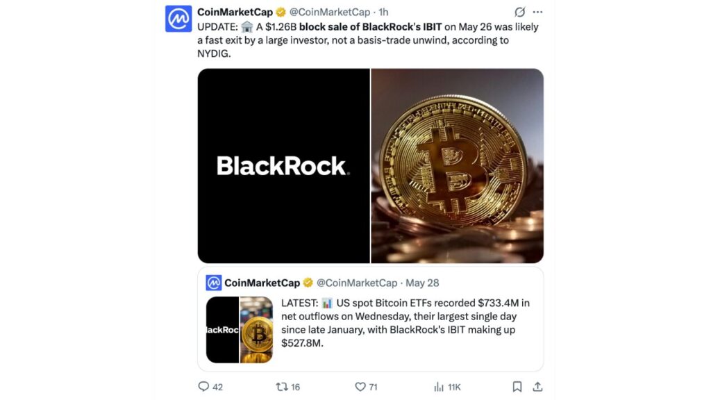 IBIT da BlackRock vê venda em bloco de US$ 1,26 bilhão