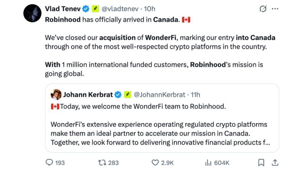 Robinhood entra no Canadá ao concluir a aquisição da WonderFi