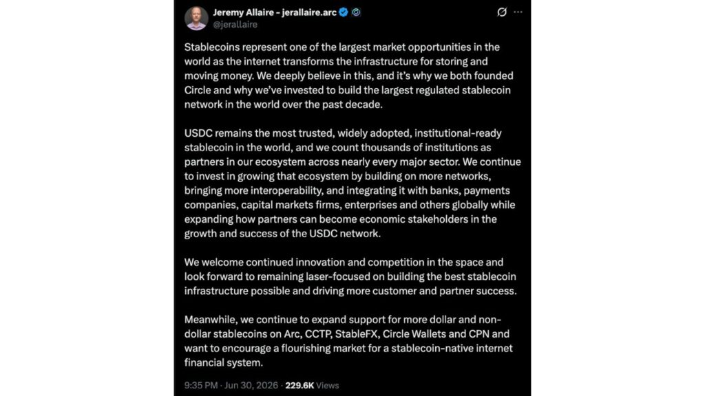 O CEO da Circle, Jeremy Allaire, respondeu rapidamente à notícia do lançamento do stablecoin OUSD do Open Standard. (Fonte: X)