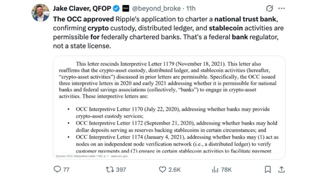 O OCC aprovou o pedido da Ripple para constituir um banco fiduciário nacional