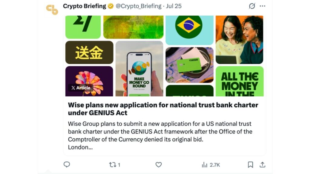 Wise planeja reenviar solicitação de banco fiduciário nacional sob a estrutura da Lei GENIUS