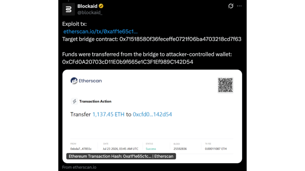 Blockaid detectou uma exploração @VerusCoin Ethereum Bridge no Ethereum (Fonte: Etherscan)