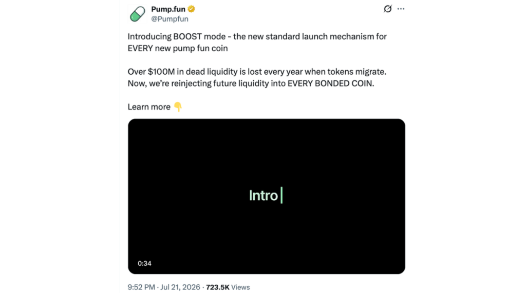 Pump.fun lança modo BOOST para reciclar liquidez morta por meio de queima de tokens (Fonte: X)